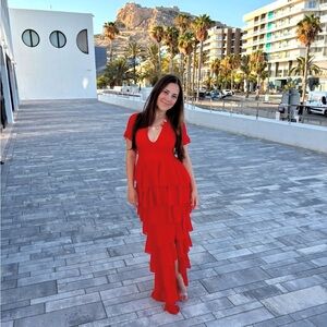 PrettyLittleThing Red Chiffon Ruffle Maxi Dress